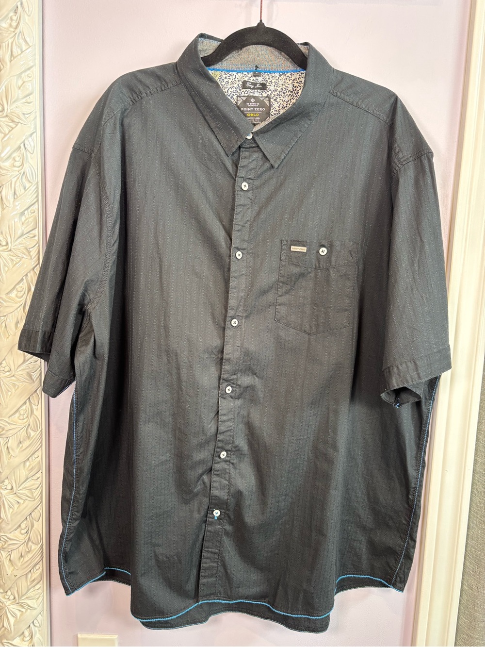 Point Zero Men’s Short Sleeve Easy Iron Button-Down Shirt - Black with Blue Trim